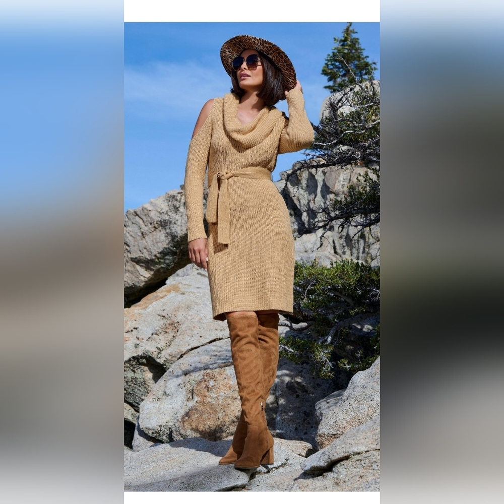 NWT! Boston Proper Fall Aspen Gold/Tan Cowl Neck Women's Knit Midi Dress Medium